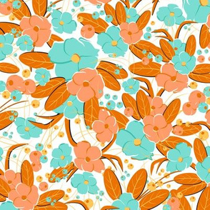 Small retro flowers. Bright turquoise, peach on a white background