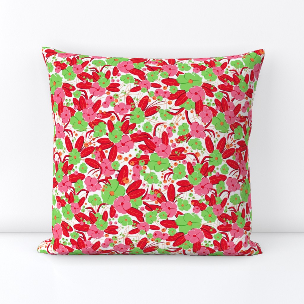 Small retro flowers. Light green, pink, red on a white background