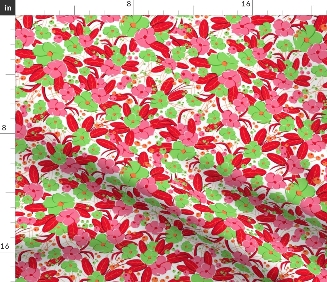Small retro flowers. Light green, pink, red on a white background
