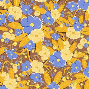 Small retro flowers. Light blue, light yellow, light orange on brown background