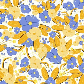 Small retro flowers. Light blue, light yellow, light orange on a white background