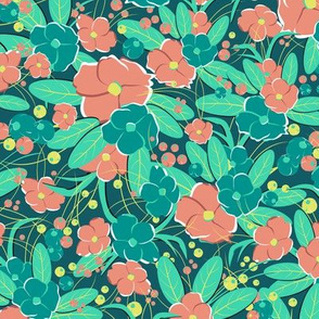 Small retro flowers. Dark pink, dark turquoise on a dark emerald background