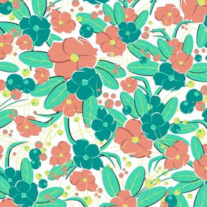 Small retro flowers. Dark pink, dark turquoise, emerald on a white background