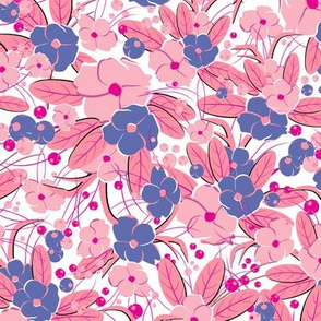 Small retro flowers. Dark pink, pink, purple on a white background