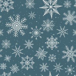 Snow Flakes - white snow flakes on dark teal blue 