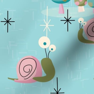 MidCentury Modern Snails-- Midcentury Atomic Snail in Aqua -- Pink Aqua Midcentury Snails -- 42.00in x 36.00in repeat -- 150dpi (Full Scale)