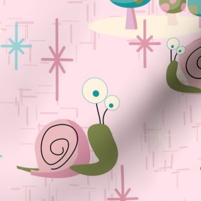 MidCentury Modern Snails-- Midcentury Atomic Snail in Pink-- Pink Aqua Snails