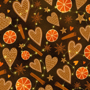 Christmas lights and hearts brown background