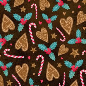 Candies and gingerbread brown background