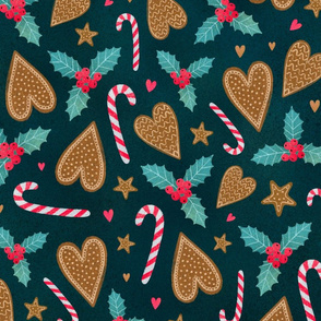 Candies and gingerbread green background
