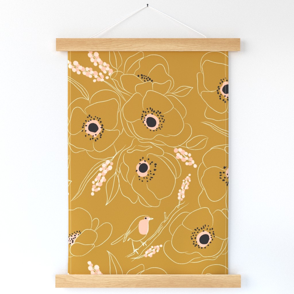 freehand robin and winter blooms_gold_tea towel