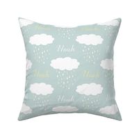 Noah baby boy name fabric with white clouds on light blue