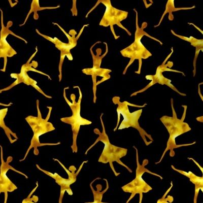 Watercolor Ballerinas Scattered Pattern (Black and Golden Yellow) – Medium Scale