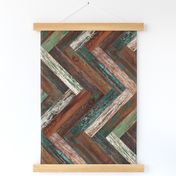 Reclaimed Boat Wood Tiles Chevron Green Teal Cream Rust Brown Herringbone Horizontal