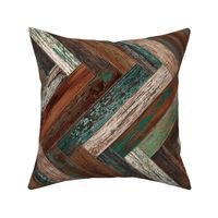 Reclaimed Boat Wood Tiles Chevron Green Teal Cream Rust Brown Herringbone Horizontal