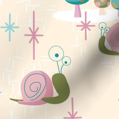 Midcentury Modern Snails -- Midcentury Atomic Snail in Cream -- Pink Aqua Snails