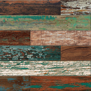 Reclaimed Boat Wood Random Tiles Green Teal Cream Rust Brown LARGE Horizontal