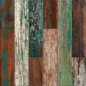 Reclaimed Boat Wood Random Tiles  Green Teal Cream Rust Brown