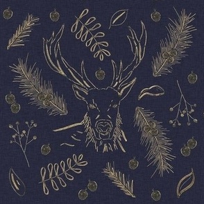 Hand Drawn Winter Stag With Leaves And Berries Gold On Navy Blue Medium