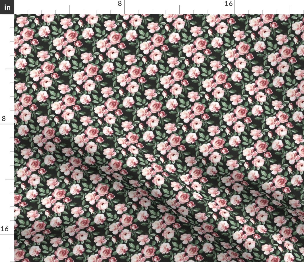 Sweet Pink Roses with Hunter Green Leaves - micro print