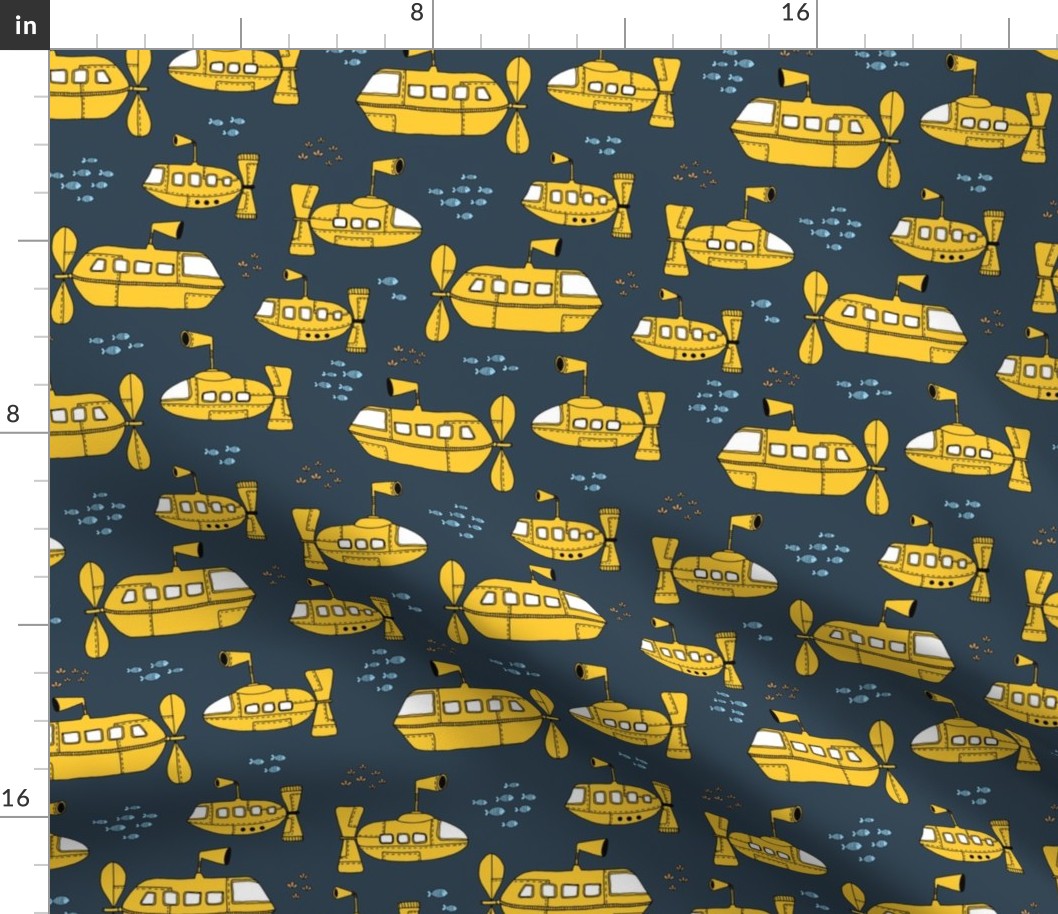 Yellow Submarine Waters deep sea ocean kids design yellow navy night blue 