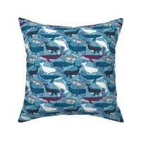 Whales. Blue background. Medium scale