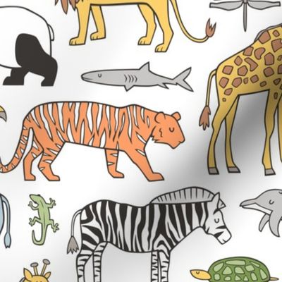 Zoo Jungle Animals Doodle with Panda, Giraffe, Lion, Tiger, Elephant, Zebra,  Birds Large Scale 6 inch