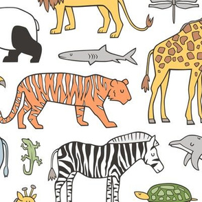 Zoo Jungle Animals Doodle with Panda, Giraffe, Lion, Tiger, Elephant, Zebra,  Birds Large Scale 6 inch