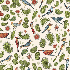 Valerie Hamill paisley birds pattern cream