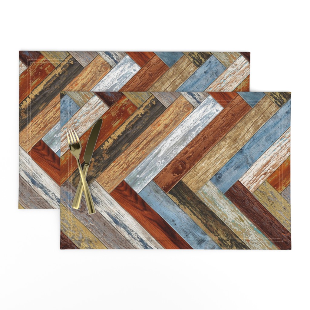 Reclaimed Boat Wood Chevron Tiles Mustard Blue Cream Rust Orange Herringbone Horizontal