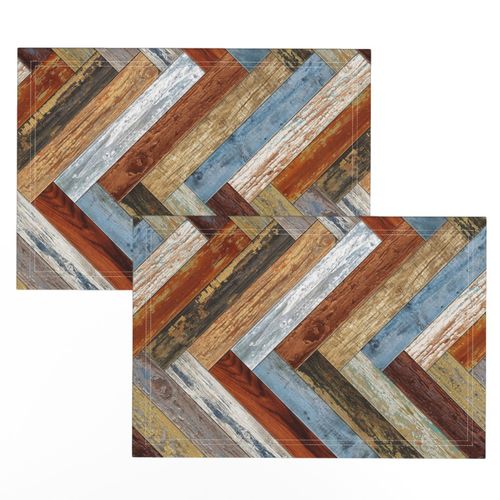 Reclaimed Boat Wood Chevron Tiles Mustard Blue Cream Rust Orange Herringbone Horizontal