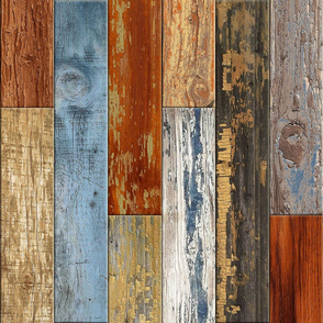 Reclaimed Boat Wood Random Tiles Mustard Blue Cream Rust Orange