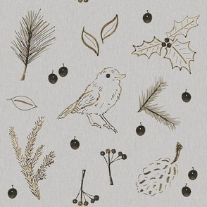 Hand Drawn Robin With Leaves And Berries Textured Grey Medium