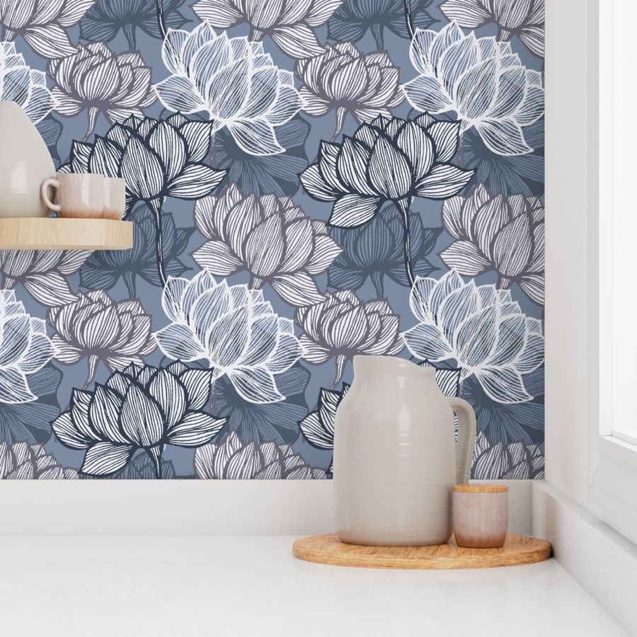 Art deco dark blue and grey lotus Flower Wallpaper | Spoonflower