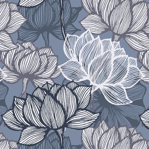 Art deco dark blue and grey lotus Flower Leaves Floral Japanese hand drawn lily