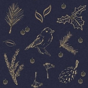 Hand Drawn Robin With Leaves And Berries Gold On Navy Blue Medium