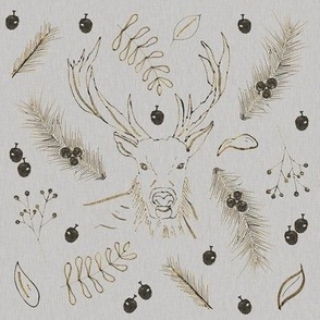 Hand Drawn Winter Stag With Leaves And Berries Gold On Light Grey Medium