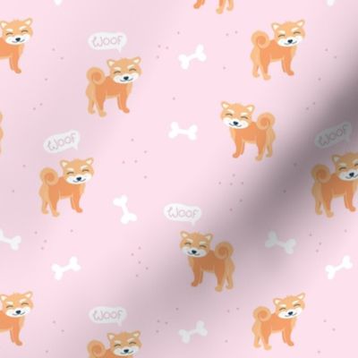 Woof! Barking kawaii shiba inu puppy dog paws and bone orange pink 