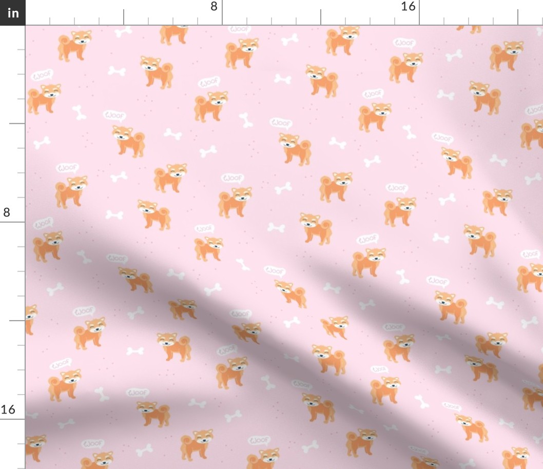 Woof! Barking kawaii shiba inu puppy dog paws and bone orange pink 