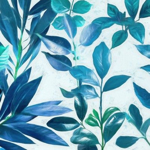 Garden Leaves in Aqua, Turquoise and Cobalt Blue - large