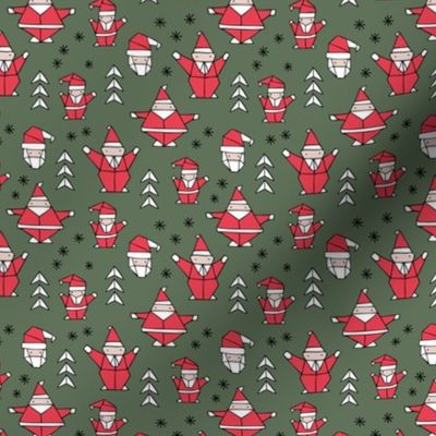 Little origami santa claus design little santas and geometric detailing abstract Christmas seasonal design cameo green red