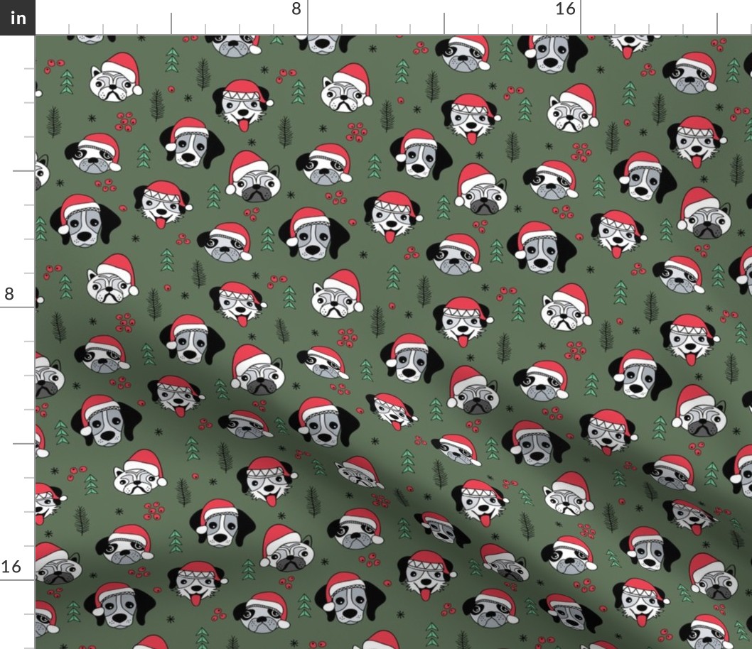 Little puppies in santa hats adorable dog breeds friends pet lovers Christmas holiday design red cameo green