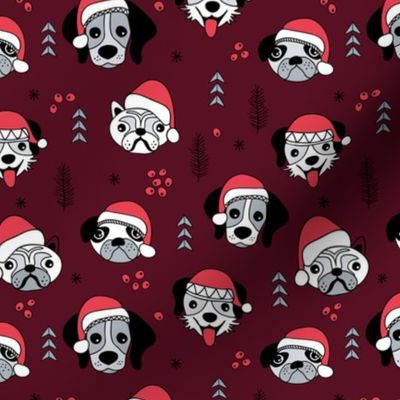 Little puppies in santa hats adorable dog breeds friends pet lovers Christmas holiday design burgundy red cameo