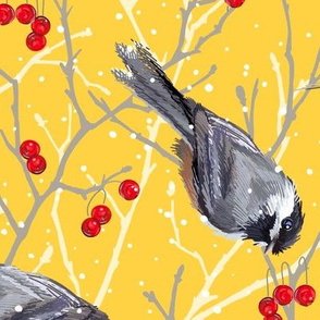 Chickadees Sunny Snowfall | Yellow