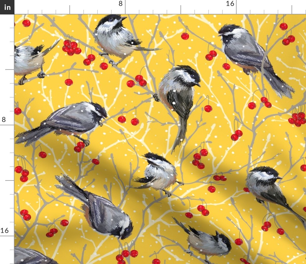 Chickadees Sunny Snowfall | Yellow