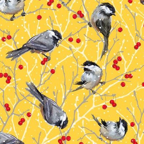 Chickadees Sunny Snowfall | Small | Yellow