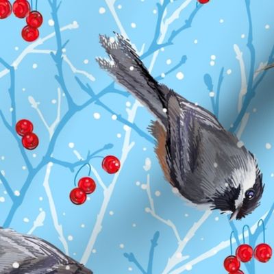 Chickadees Winters Day Snowfall | Lt Cool Blue