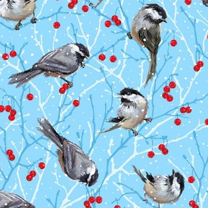 Chickadees Winters Day Snowfall |Sm|Lt Cool Blue