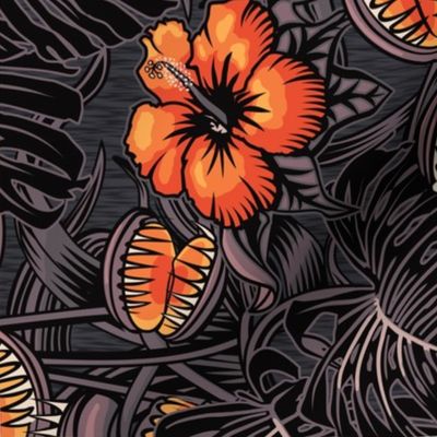 ★ 2021 : THE LAW OF THE JUNGLE ★ Tropical Tea Towel Calendar - Venus Fly Trap, Hibiscus and Monstera - Orange + Grayish Plum // Collection : It’s a Jungle Out There – Savage Hawaiian Prints *** Please read the "Comments" section before ordering fabric ;-)
