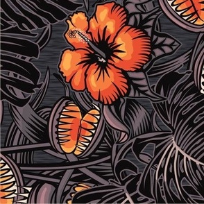 ★ 2021 : THE LAW OF THE JUNGLE ★ Tropical Tea Towel Calendar - Venus Fly Trap, Hibiscus and Monstera - Orange + Grayish Plum // Collection : It’s a Jungle Out There – Savage Hawaiian Prints *** Please read the "Comments" section before ordering fabric ;-)